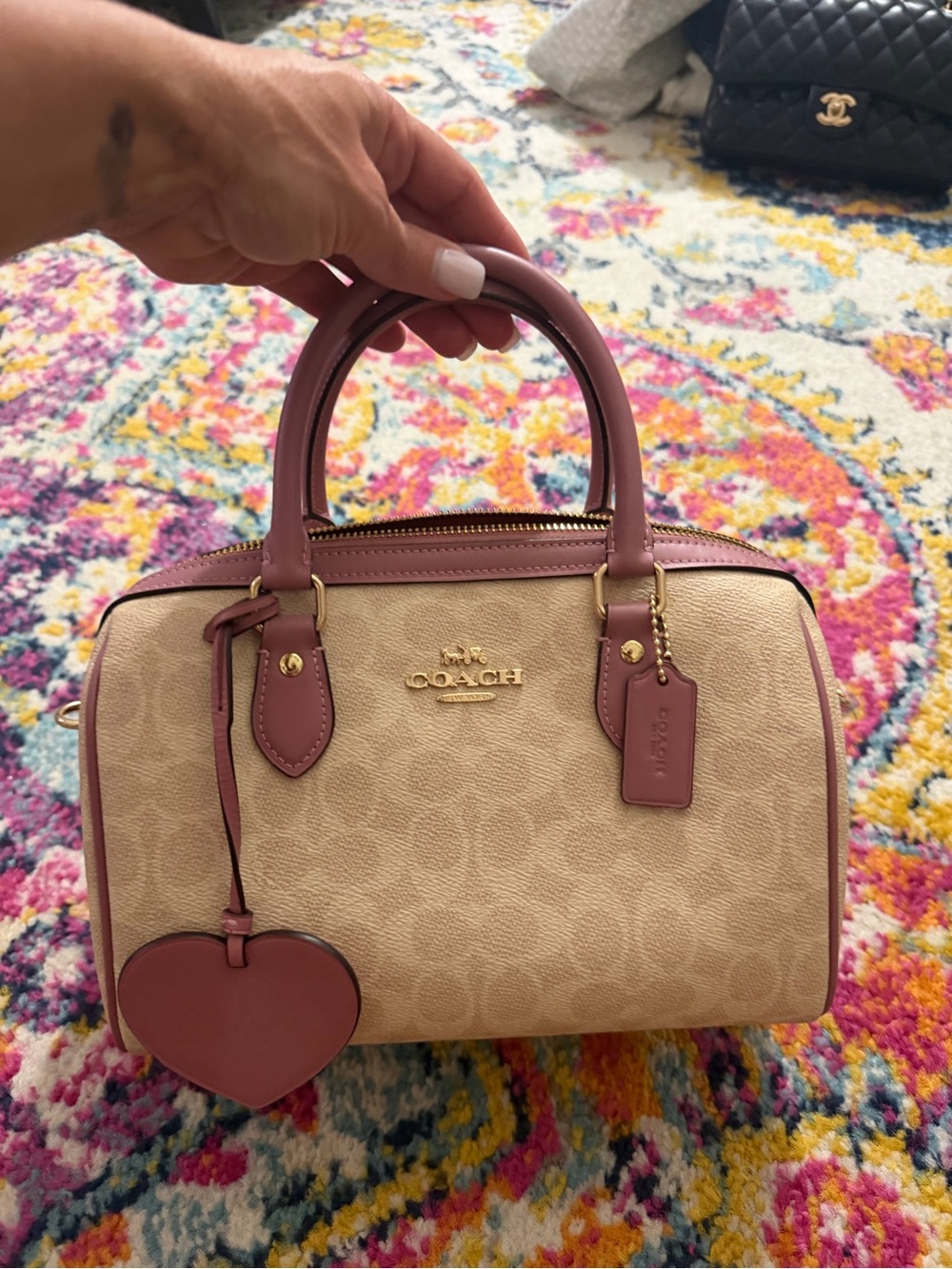 Coach Beige Signature Canvas Satchel with Dusty Rose Trim